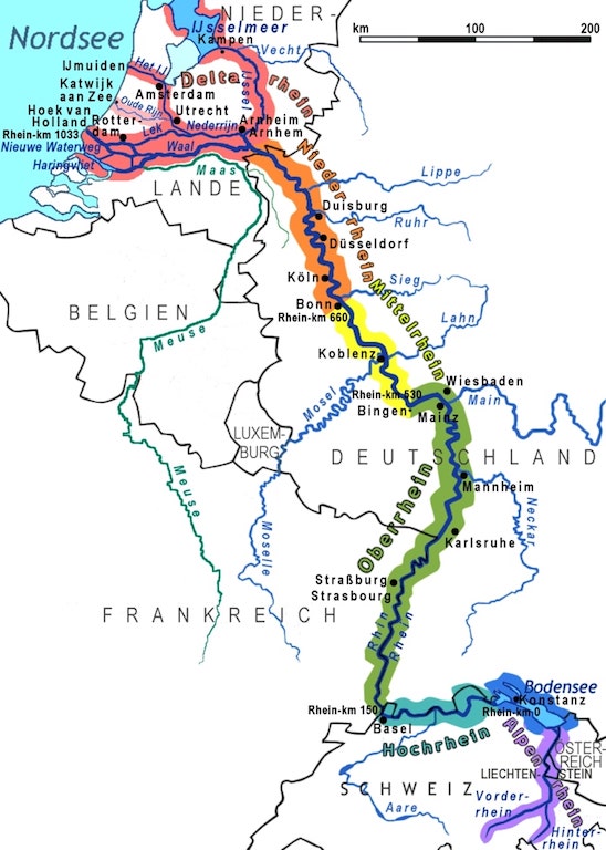 Ren Nehri Kaynak:Wikipedia (By Ulamm - File:Rhein-Karte.png by Daniel Ullrich (Threedots), CC BY-SA 3.0, https://commons.wikimedia.org/w/index.php?curid=32751894)