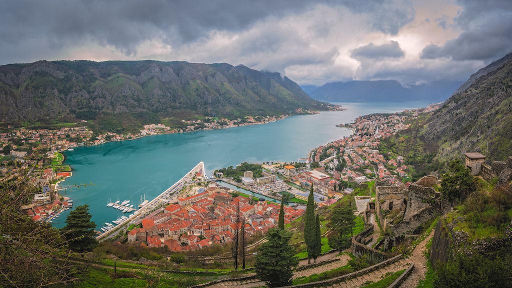 Karadağ - Panoramic view of the Old Town houses in Kotor city, Montenegro
